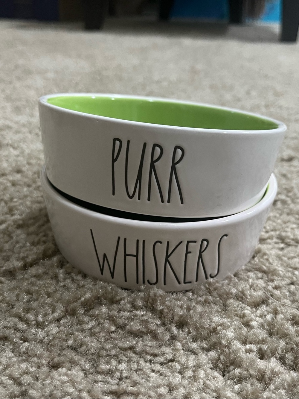 Rae Dunn PURR WHISKERS Cat Pet Bowls Set of 2 Green Artisan Collection